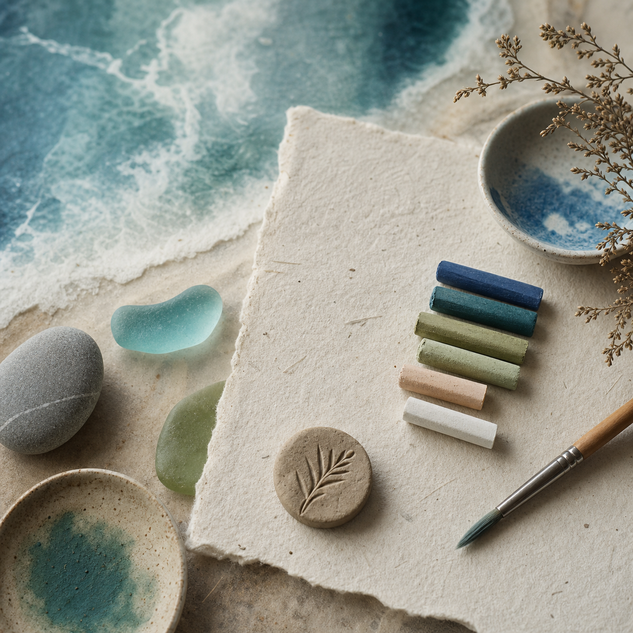 Pastels, clay, sea glass and art paper in sea glass colours.