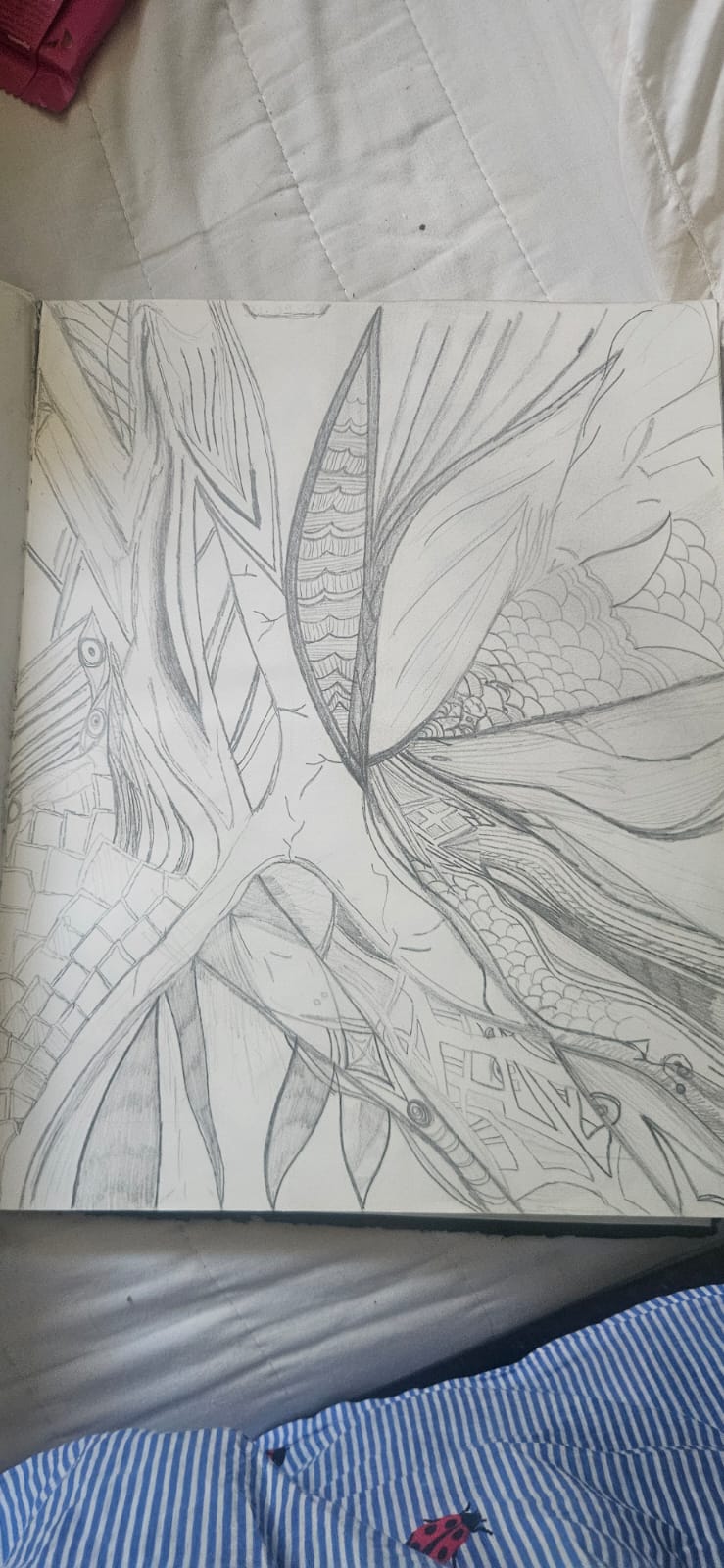 A detailed pencil drawing in a sketchbook.