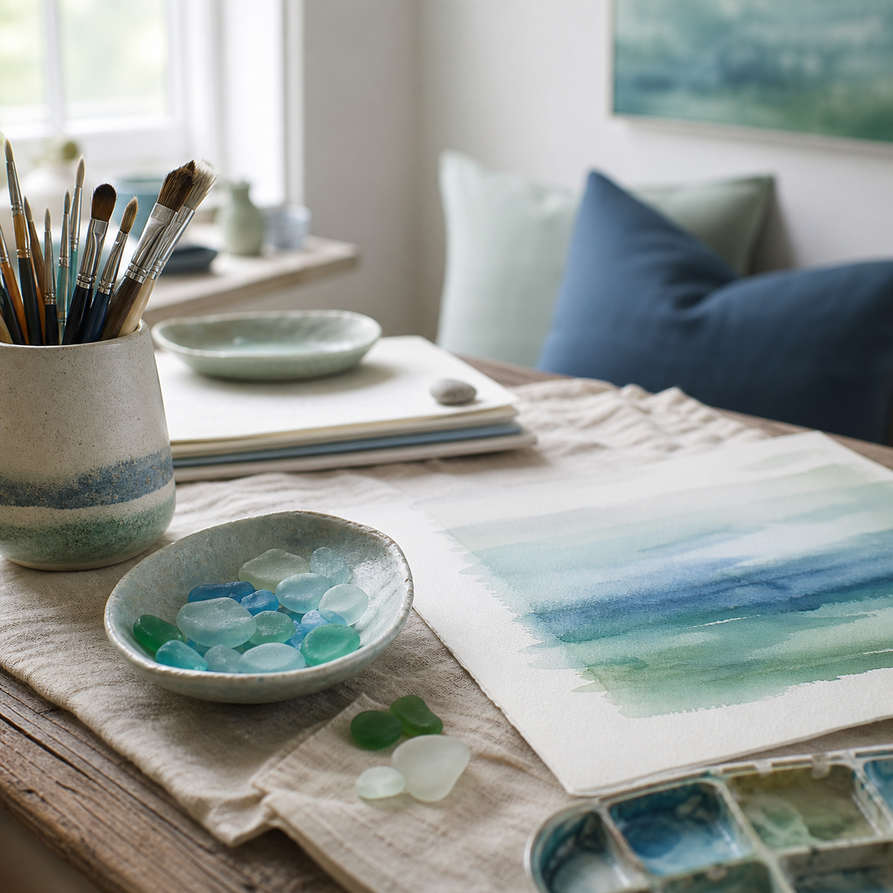 A calm art therapy room detail with brushes, watercolours and sea glass.